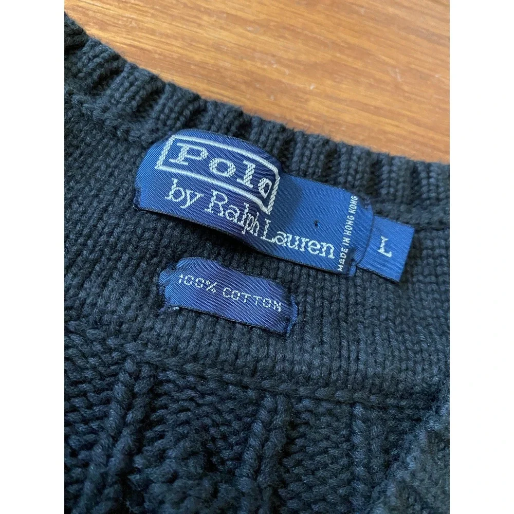 Polo Ralph Lauren Vintage Black Cable Knit V-Neck Cricket Sweater Mens Large‎ L